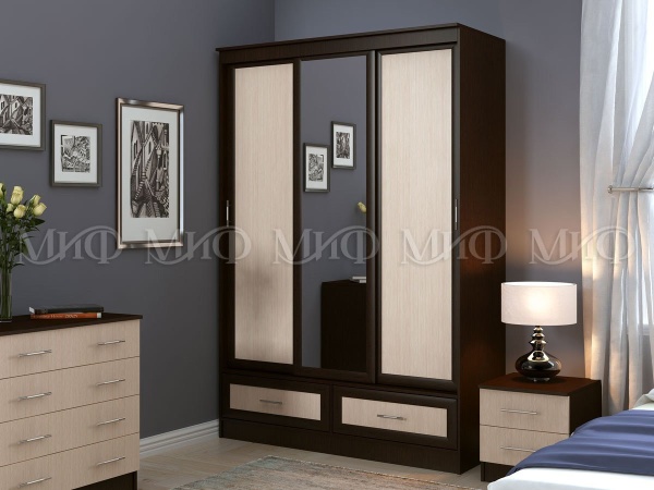 Шкаф-Купе Двухдверный с Зеркалом и Ящиками Майа Венге/Белфорт (Ш-1500×В-2220×Г-576 мм)